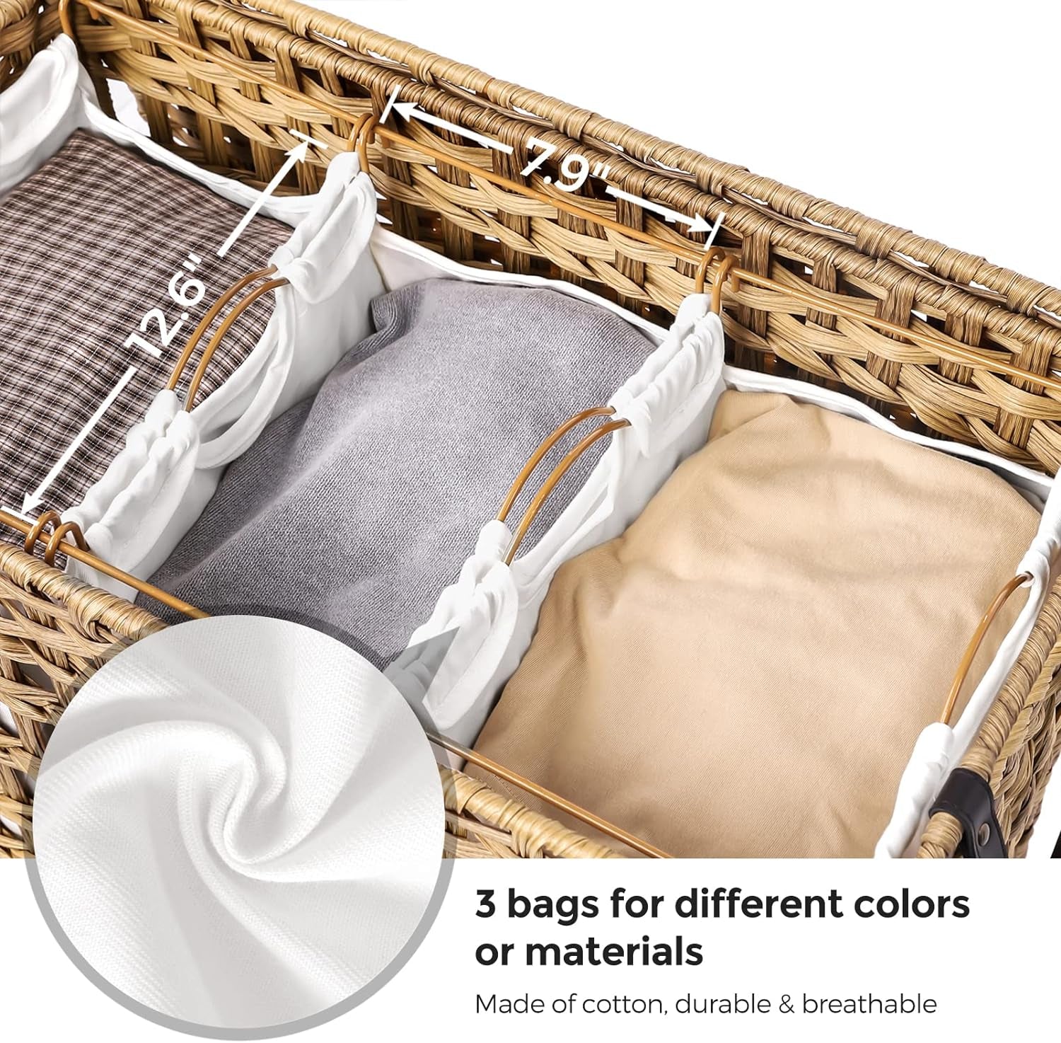 Laundry Hamper with Lid, 140L Synthetic Rattan Laundry Basket with Wheels, Clothes Hamper with 3 Removable Liner Bags, 3-Section Hampers with Handles, Laundry Room, Natural ULCB083N01