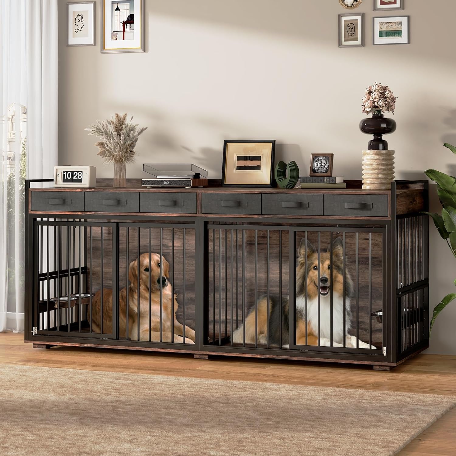 Large Dog Crate Furniture,74.8" Wooden Double Room Dog Crates Indoor Furniture Style with Divider and 2 Drawers,Xxl Heavy Duty Dog Kennel Furniture TV Stand Table for 2 Large Dogs,White