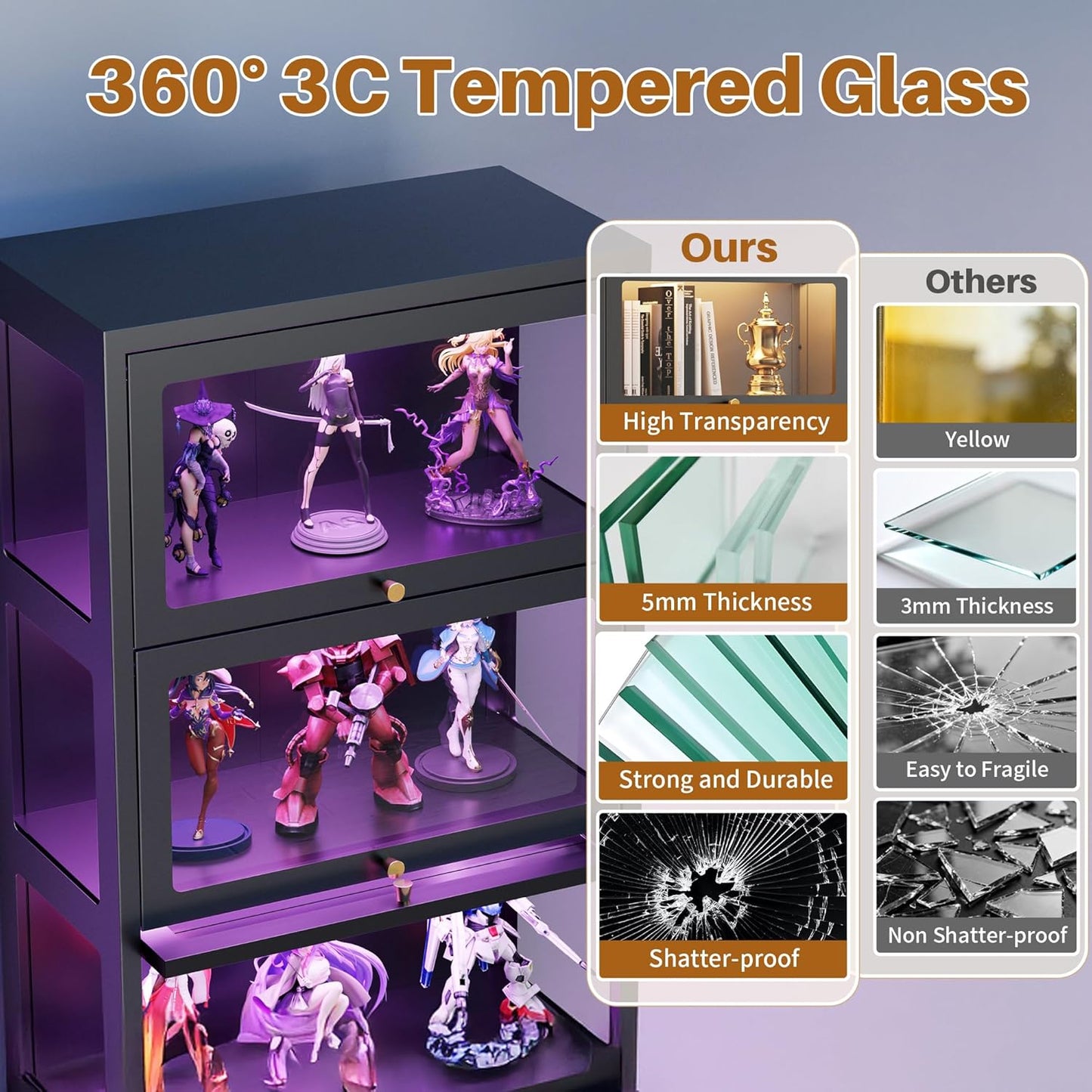 4 Tier Glass Display Cabinet with Flip-Up Doors, 55" Curio Cabinet with 13-Color LED Lights, 3-Side Tempered Glass Display Case for Books, Collectibles, Figures, Black