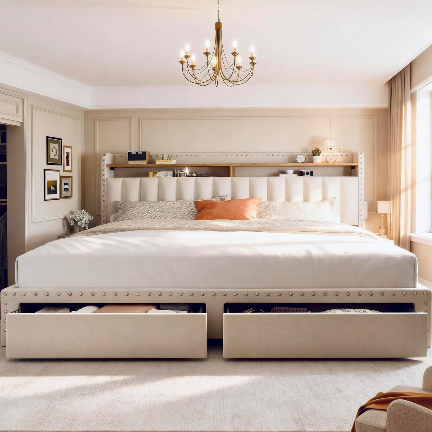 King Size Bed Frame, Upholstered King Bed Frame with 2 Storage Drawers and 2-Tier Headboard, Vertical Tufted Headboard Design, Extra Storage Space for Bedroom Apartment, Beige