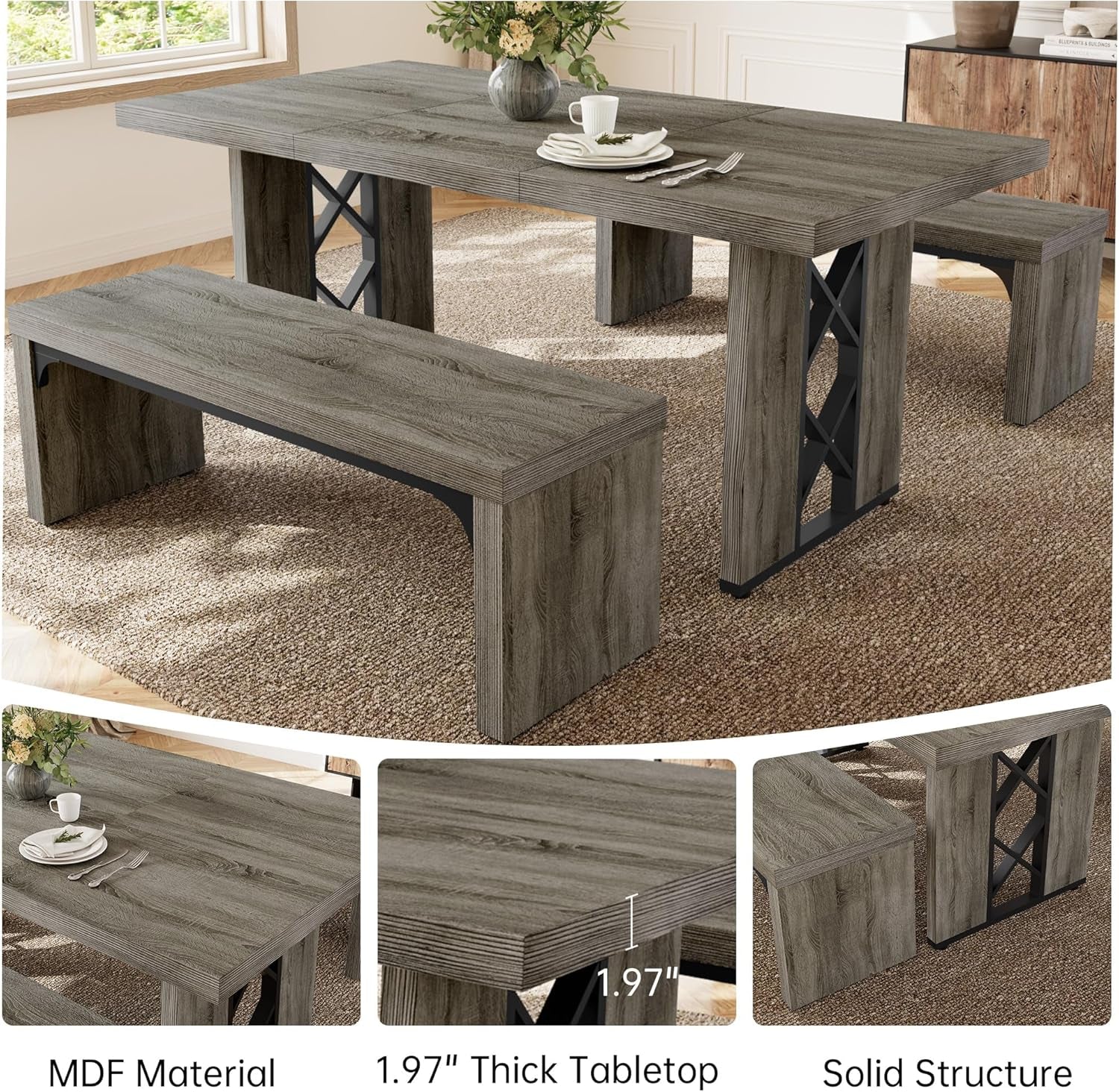 3-Piece Dining Table Set for 6 People, 70.8'' Rectangle Kitchen Table with 2 Benches for Breakfast Nook, Dining Room Furniture(Grey Table+2 Benches)