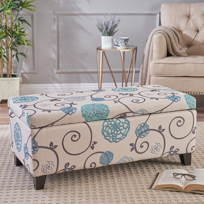 Breanna Fabric Storage Ottoman, White and Blue Floral