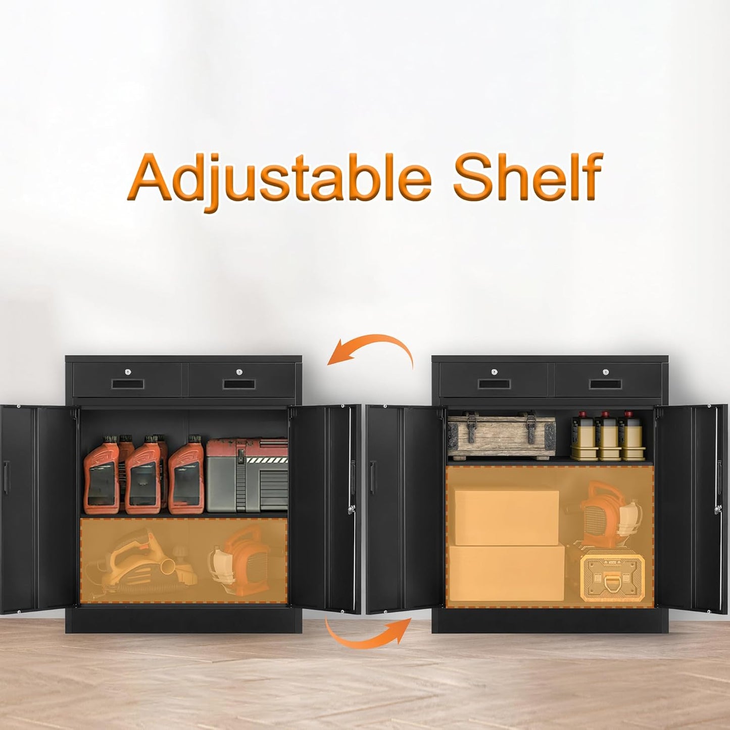 Metal Storage Cabinet, 36" H Locking Storage Cabinet with 2 Drawers and Adjustable Shelf, Metal Cabinets for Office, Garage, Home-Black