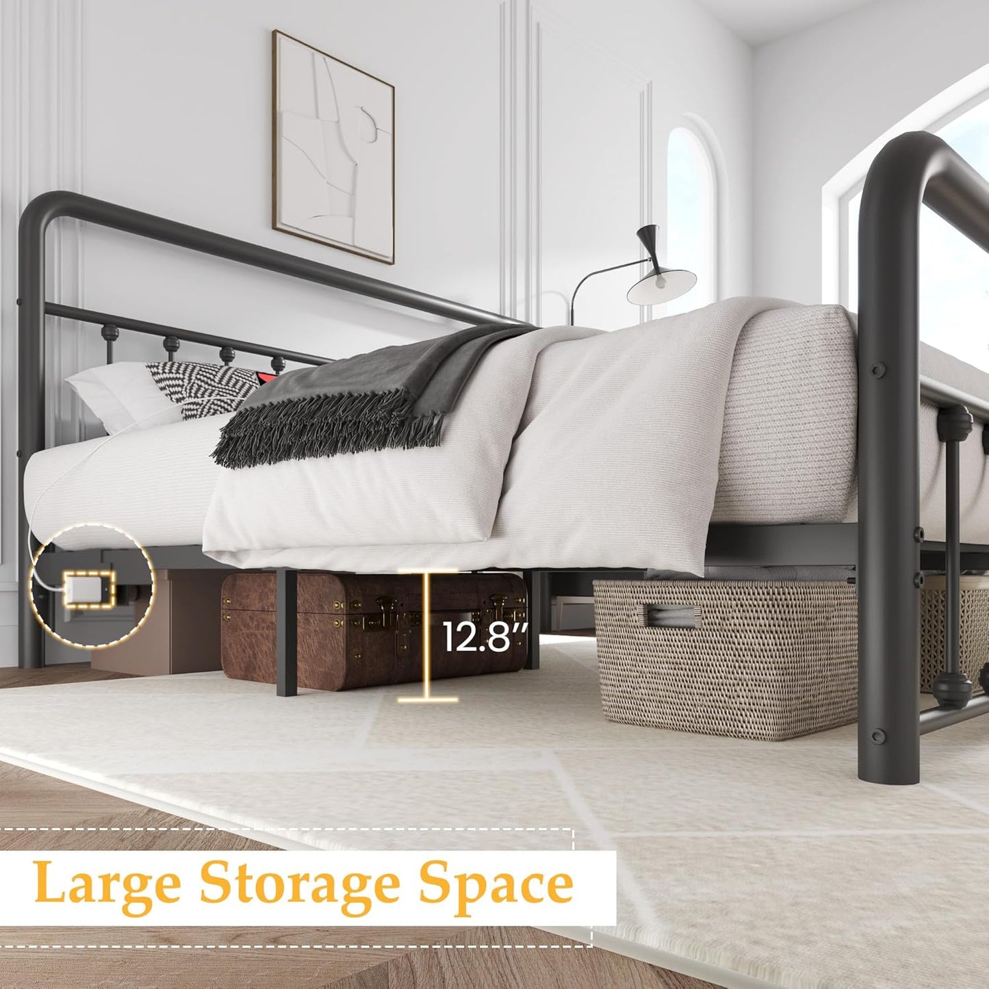 14 Inch Queen Bed Frame Classic Metal Platform Bed Frame with Charging Station & LED, Victorian Style Iron-Art Headboard/Footboard, under Bed Storage, No Box Spring Needed, Noise Free