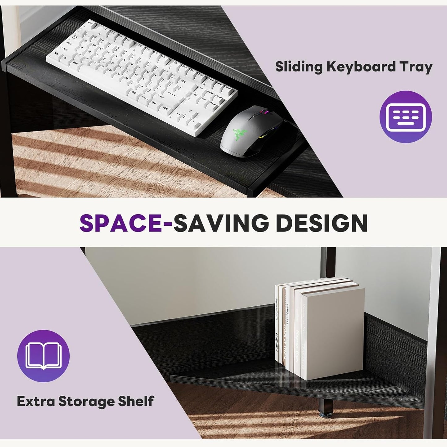 Conner Desk Home Office Computer Desk for Small Space with LED Lights Gaming Table with Storage Shelves Power Outlets Monitor Stand Keyboard Tray for Bedroom, Black