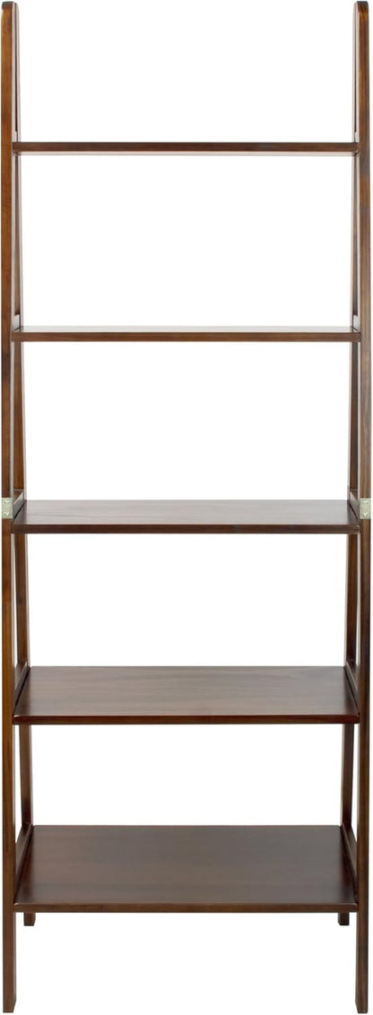 100% Solid Wood 5-Shelf Ladder Bookcase, 24.75"W X 16"D X 72"H, Warm Brown, 5-Tier Freestanding Ladder Shelf