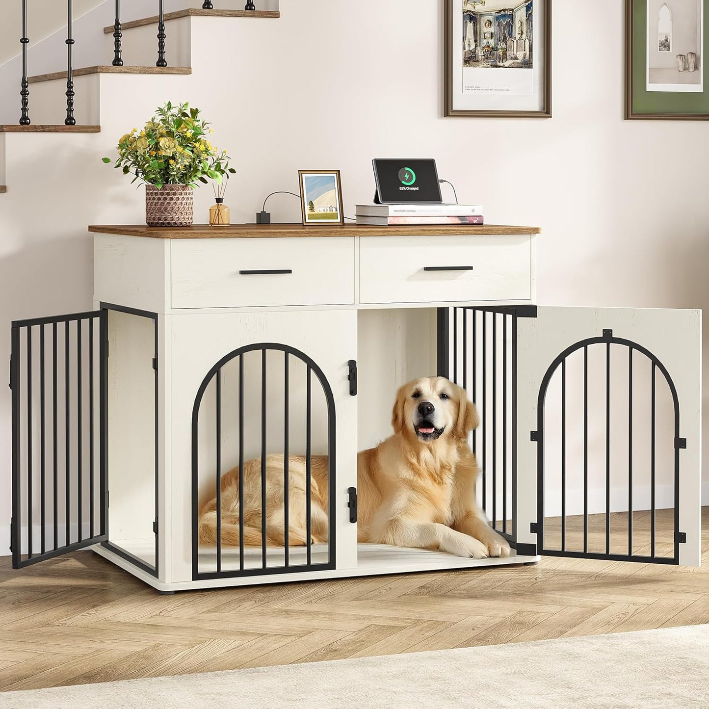 43.3'' Large Dog Crate Furniture with 2 Storage Drawers, Heavy Duty Dog Kennel Indoor with Charging Station, Wooden Dog Cage End Table Kennel for Medium/Large Dogs, White Brown DFC88214B
