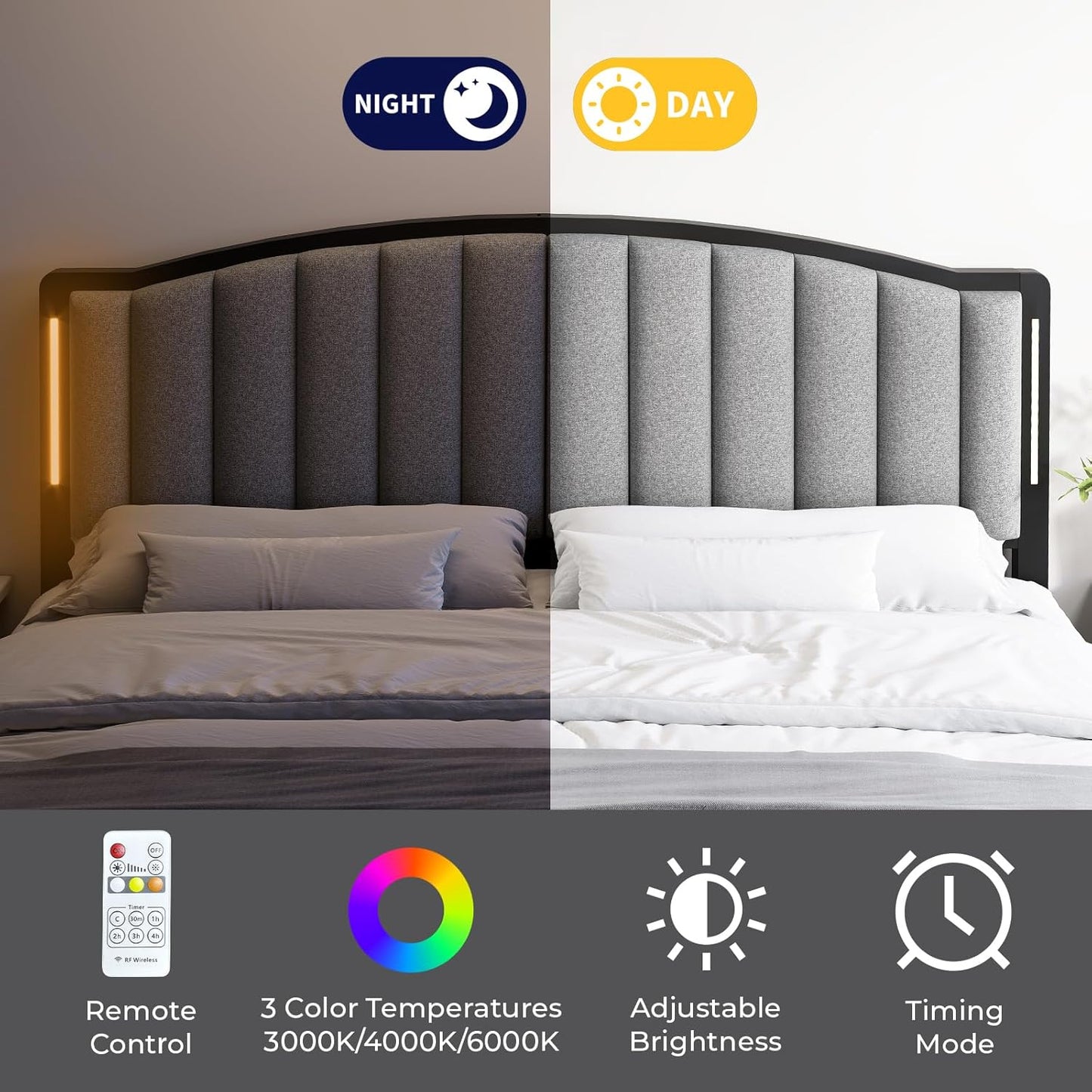 Headboard for Queen Size Bed with LED Lights, Upholstered Vertical Channel Tufting Head Boards, Linen Fabric Bed Headboard Only, Attach Frame, Ideal for Bedroom, Dorm, Guest Room, Grey