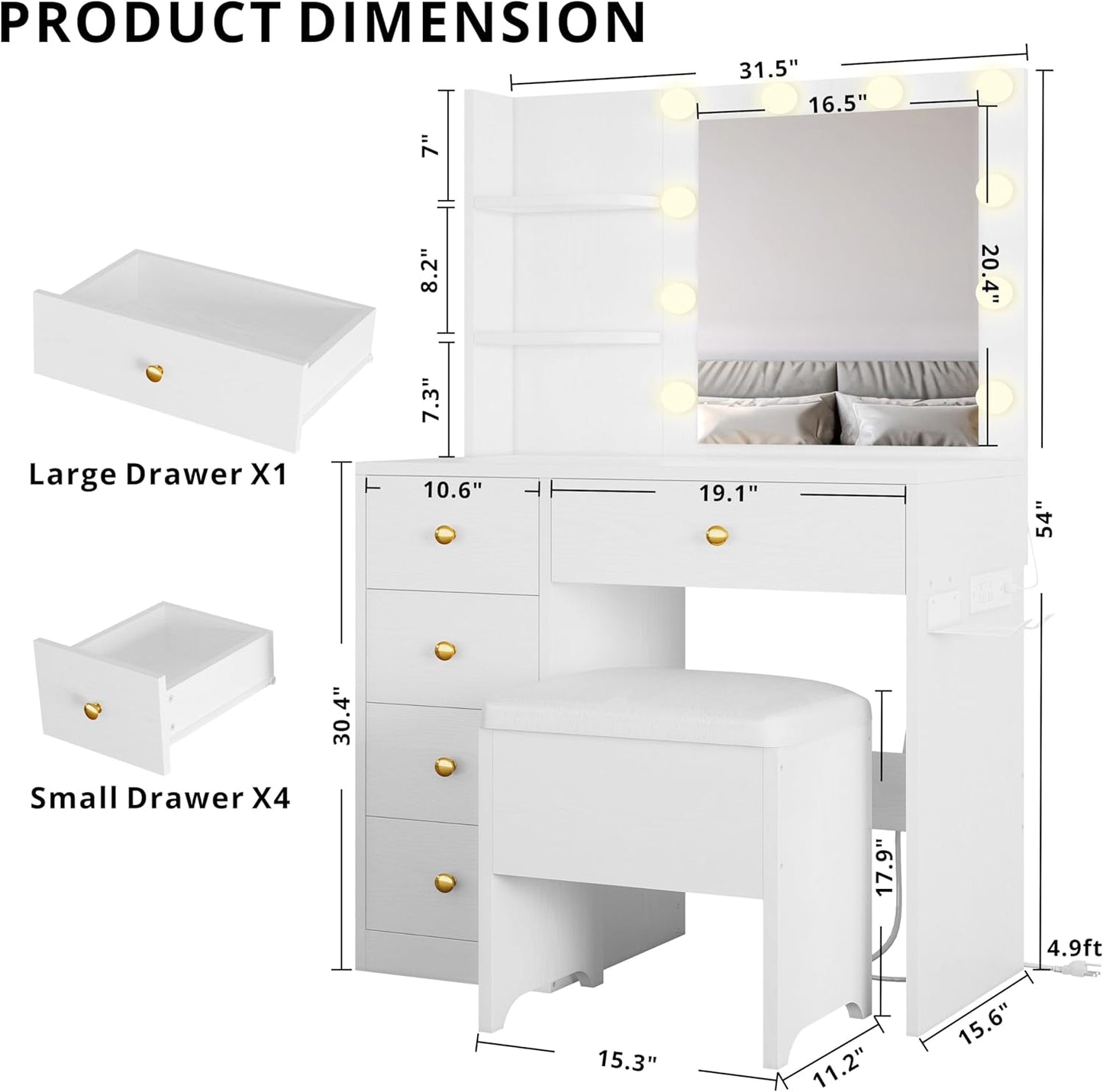 Vanity Desk with Mirror and Lights, Small Makeup Vanity Table with 5 Drawers, Power Outlet, and Vanity Stool, 3 Lighting Colors, Dressing Table for Women Girls Bedroom, White