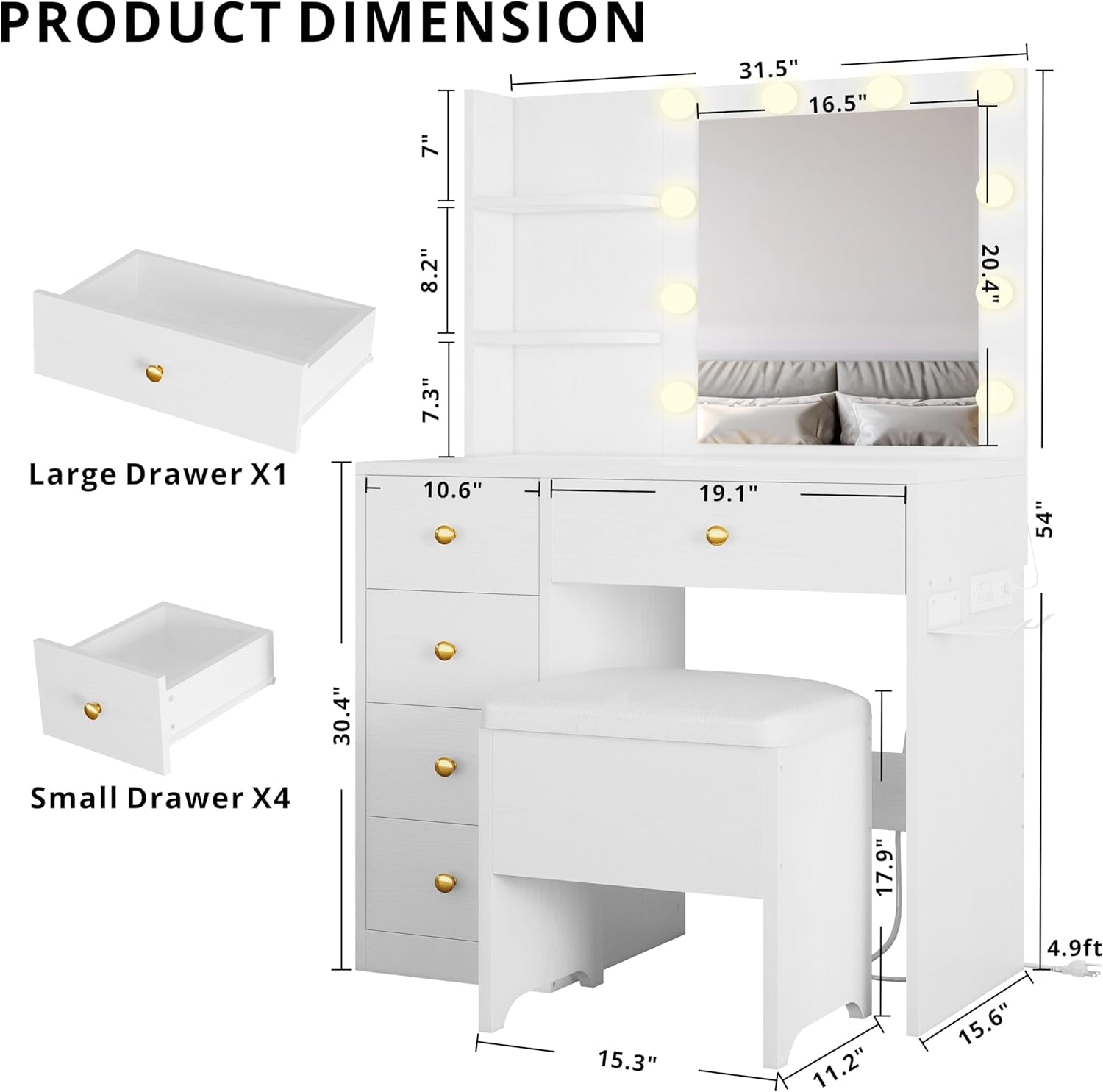 Vanity Desk with Mirror and Lights, Small Makeup Vanity Table with 5 Drawers, Power Outlet, and Vanity Stool, 3 Lighting Colors, Dressing Table for Women Girls Bedroom, White