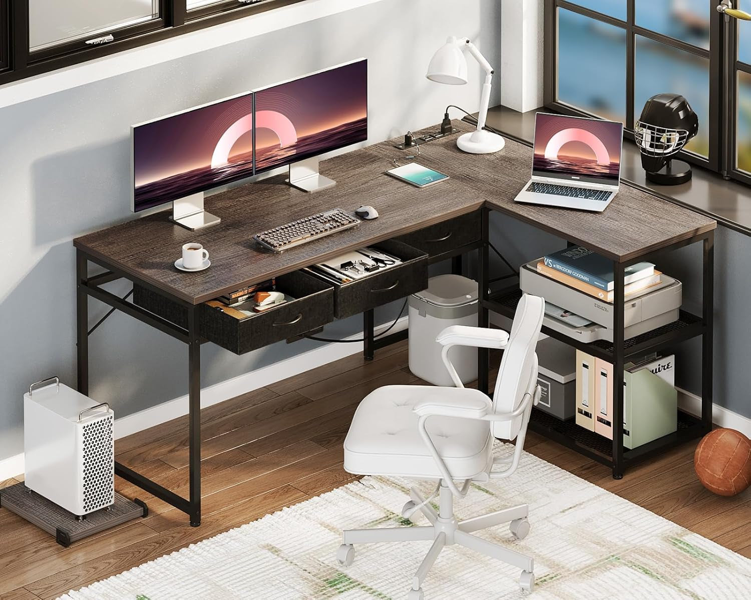 53 Inch L Shaped Computer Desk with Drawers, Corner Desk with Power Outlets & Reversible Storage Shelves, Movable CPU Stand for Home Office Gaming, White