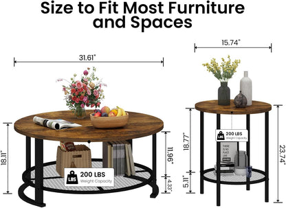 round Coffee Table and End Table Set of 3 with Storage, Modern Vintage Dark Brown Coffee Table and Side Table for Living Room, Office, Apartment, Small Space