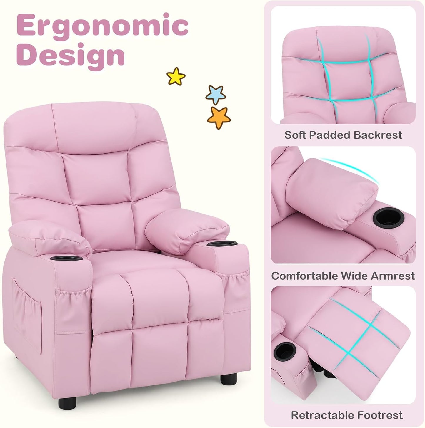Kids Recliner Chair with Cup Holder, Adjustable Lounge Chair W/Footrest & Side Pockets for Children Boys Girls Room, Ergonomic Toddler Furniture Sofa, Kids Pink Recliner (Pink)