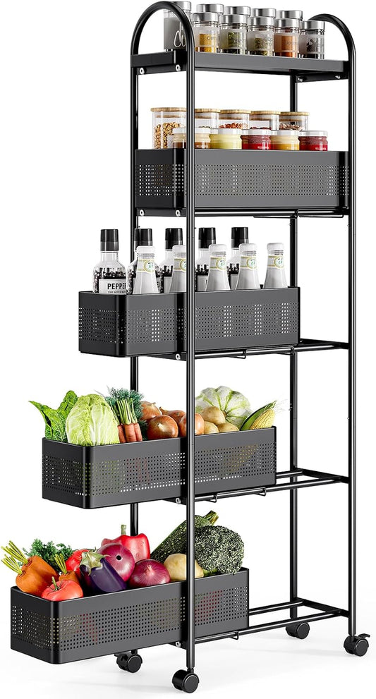 5-Tier Slim Storage Cart with Pull Out Basket, Rolling Bathroom Organizer Utility, Metal Shelving Unit Slide Out, Lockable Wheels, Easy Assembly for Narrow Place, Kitchen, Laundry Room, Black