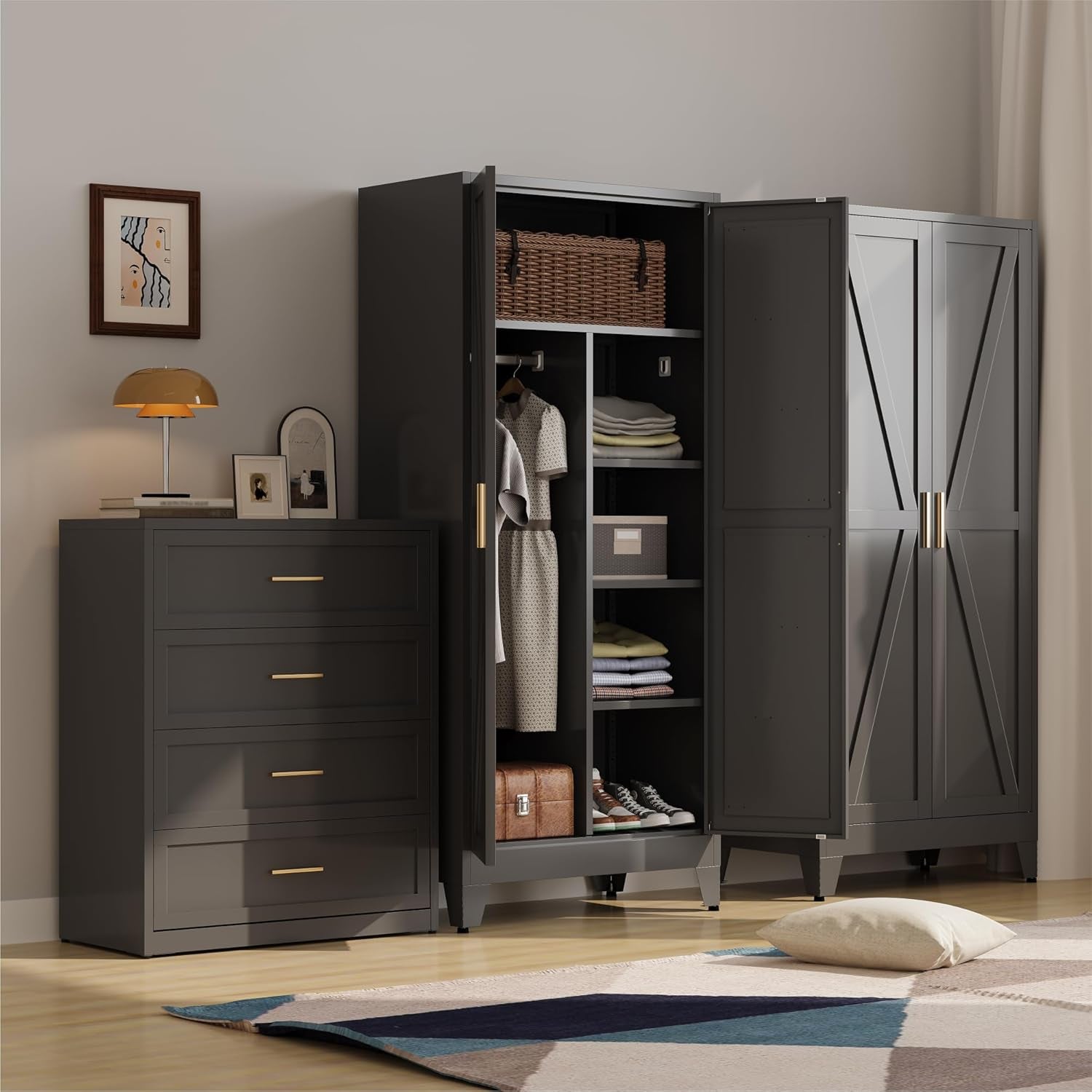 Metal Armoire Wardrobe Closet with Hanging Rod,71'' Metal Wardrobe Cabinet with 2 Doors and 4 Adjustable Shelves, Bedroom Armoires,Laundry Room Cabinets,Armario De Ropa Closet