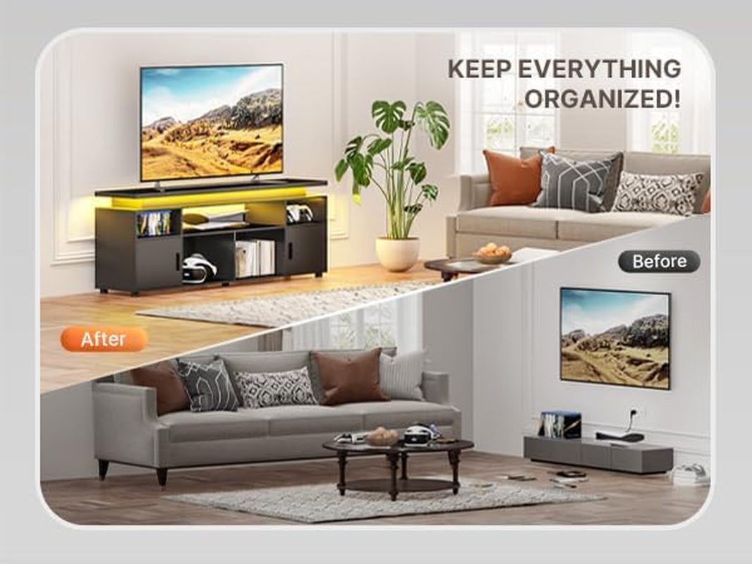 TV Stand, Entertainment Center with LED Lights and Cabinet for 70/75/80 Inch TV, Modern TV Console Gaming Media Television Stands with Power Outlets for PS5 in Living Room and Bedroom, Black