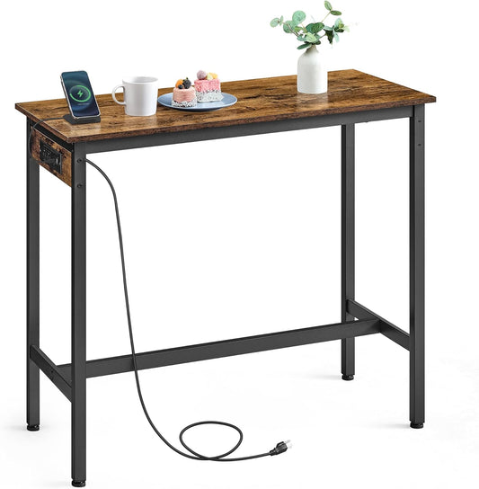 Bar Table, Narrow Long Kitchen Dining Table with Charging Station, Sturdy Metal Frame, Industrial, 15.7 X 39.4 X 35.4 Inches, Rustic Brown and Ink Black ULBT101K01