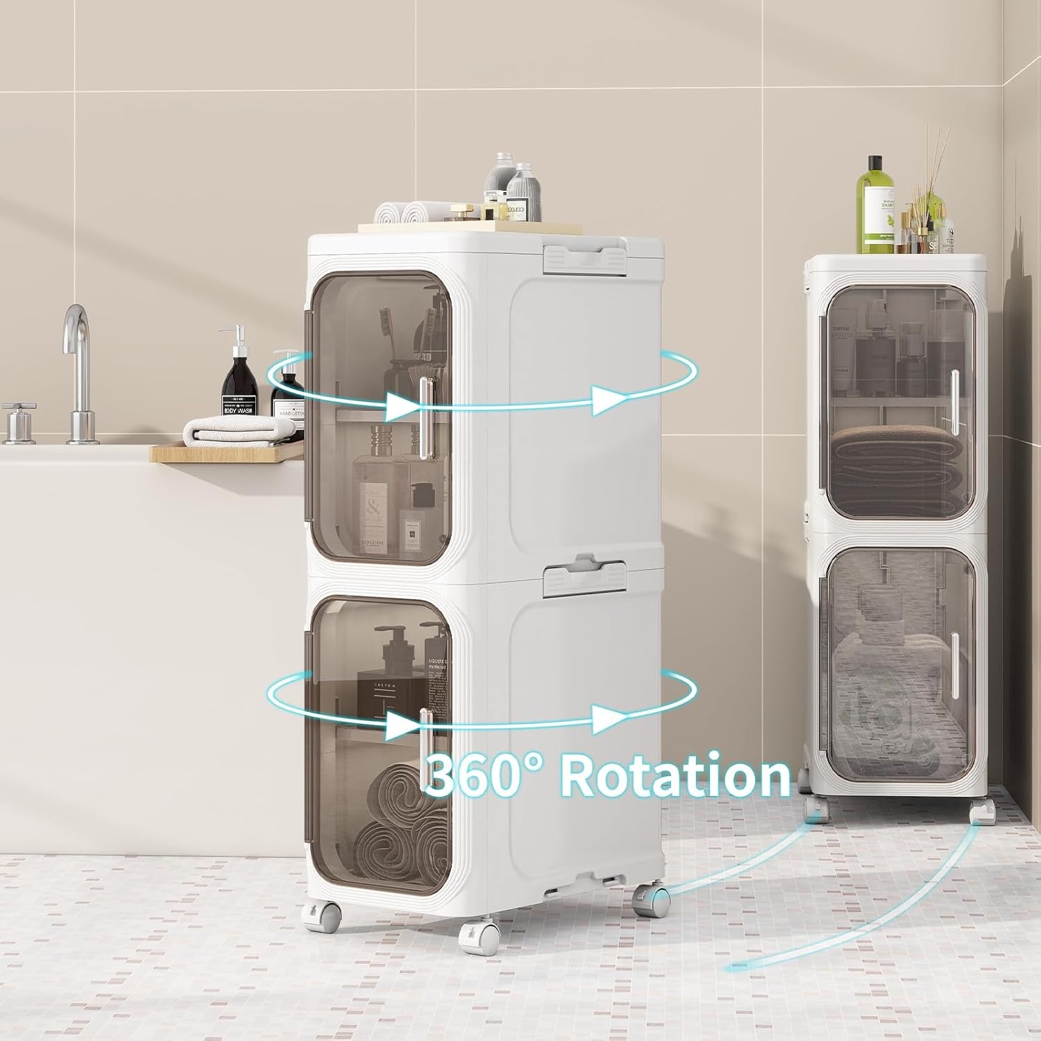 4-Tiers Slim Bathroom Storage Cabinet, Foldable Storage Cabinets,Narrow Bathroom Storage,Movable Bathroom Storage Organizer for Small Spaces,Bathroom,Kitchen,Laundry,White