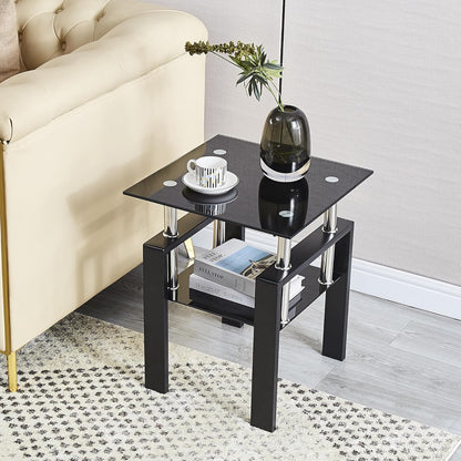 Glass Coffee Table Set of 3, Modern Black Living Room Tables, Coffee and End Tables, 3Pcs Coffee Table Set for Living Room (All Black Set of 3)