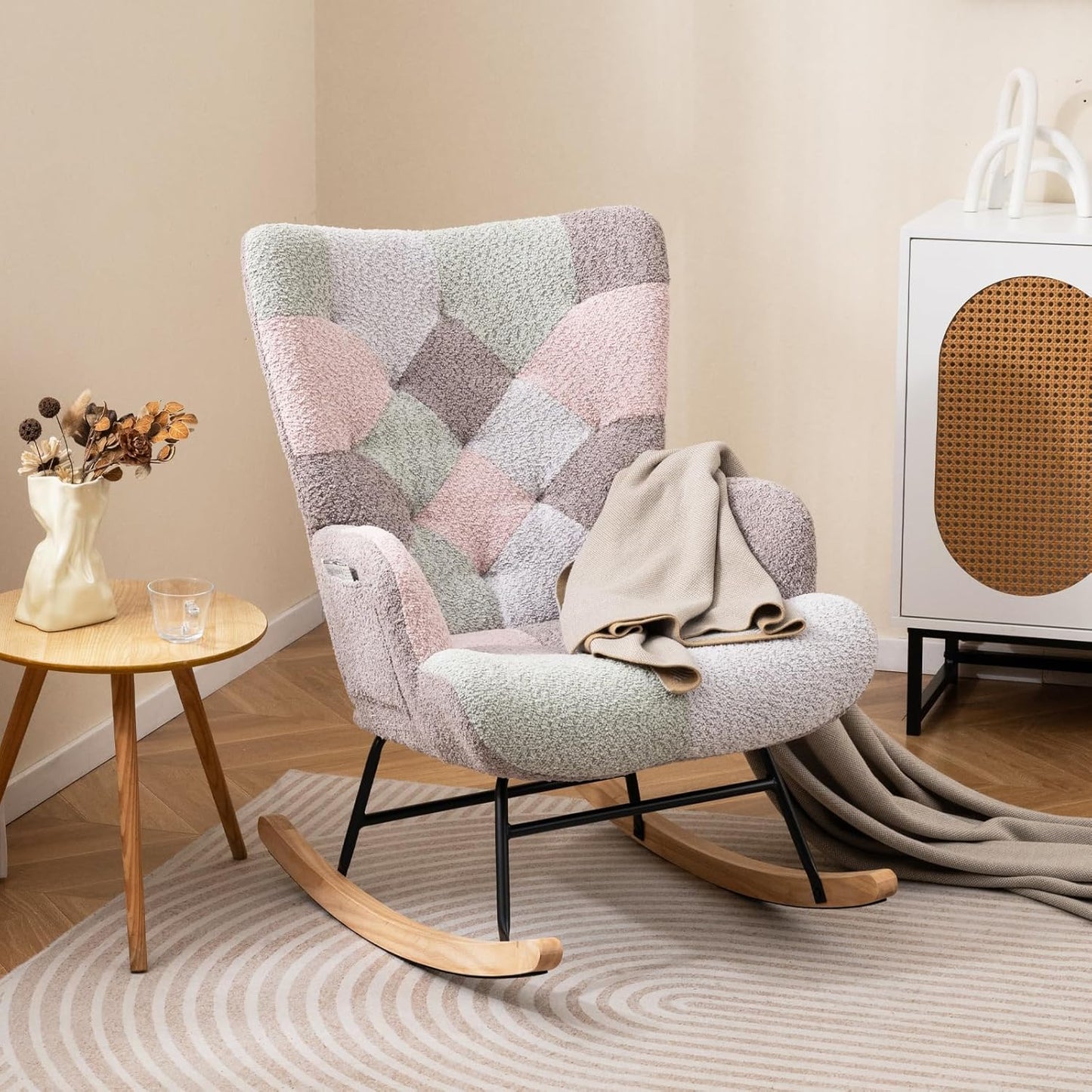 Rocking Chair Nursery, Boucle Upholstered Glider Rocker W/Ergonomic High Backrest, Rubber Wood Legs & Side Pocket, Patchwork Modern Accent Chair for Bedroom, Living Room, Offices