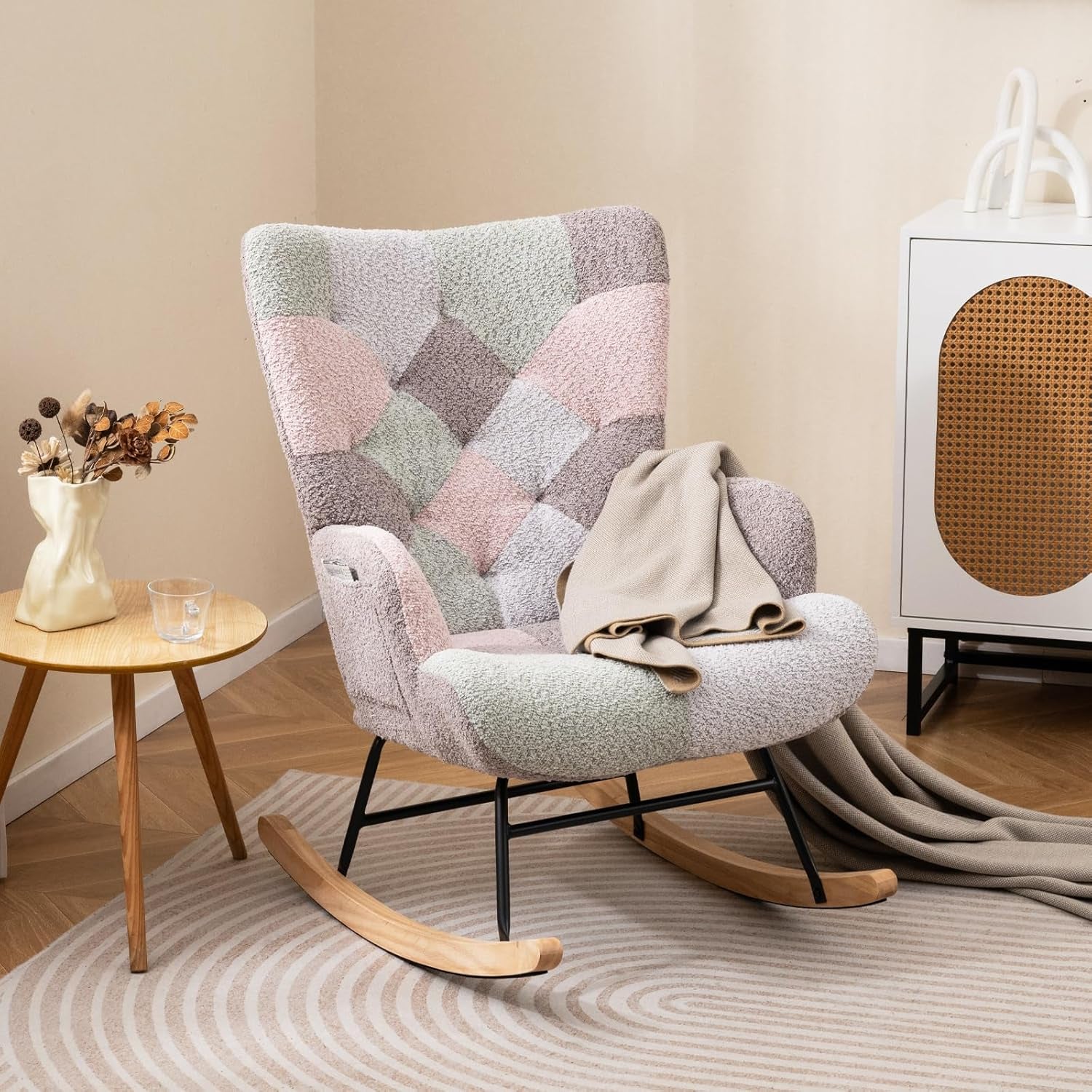 Rocking Chair Nursery, Boucle Upholstered Glider Rocker W/Ergonomic High Backrest, Rubber Wood Legs & Side Pocket, Patchwork Modern Accent Chair for Bedroom, Living Room, Offices