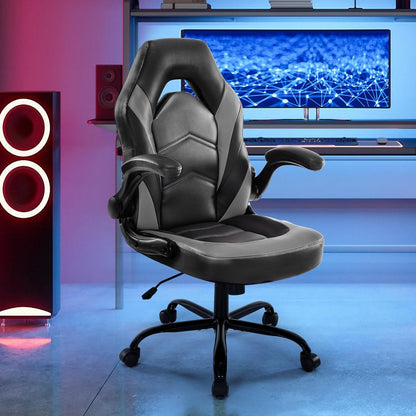 Ergonomic Computer Gaming Chair - Home Office Desk with PU Leather Lumbar Support, Height Adjustable Big and Tall Video Game with Flip-Up Armrest, Swivel Wheels for Adults and Teens