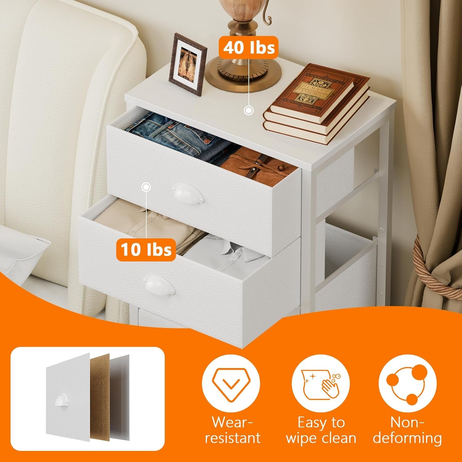 White Tall Dresser for Bedroom,Vertical Storage Tower Unit and End Table with 6 Fabric Drawers, Nightstand Furniture with Drawer Organizer in Living Room,Closet,Entryway,Hallyway