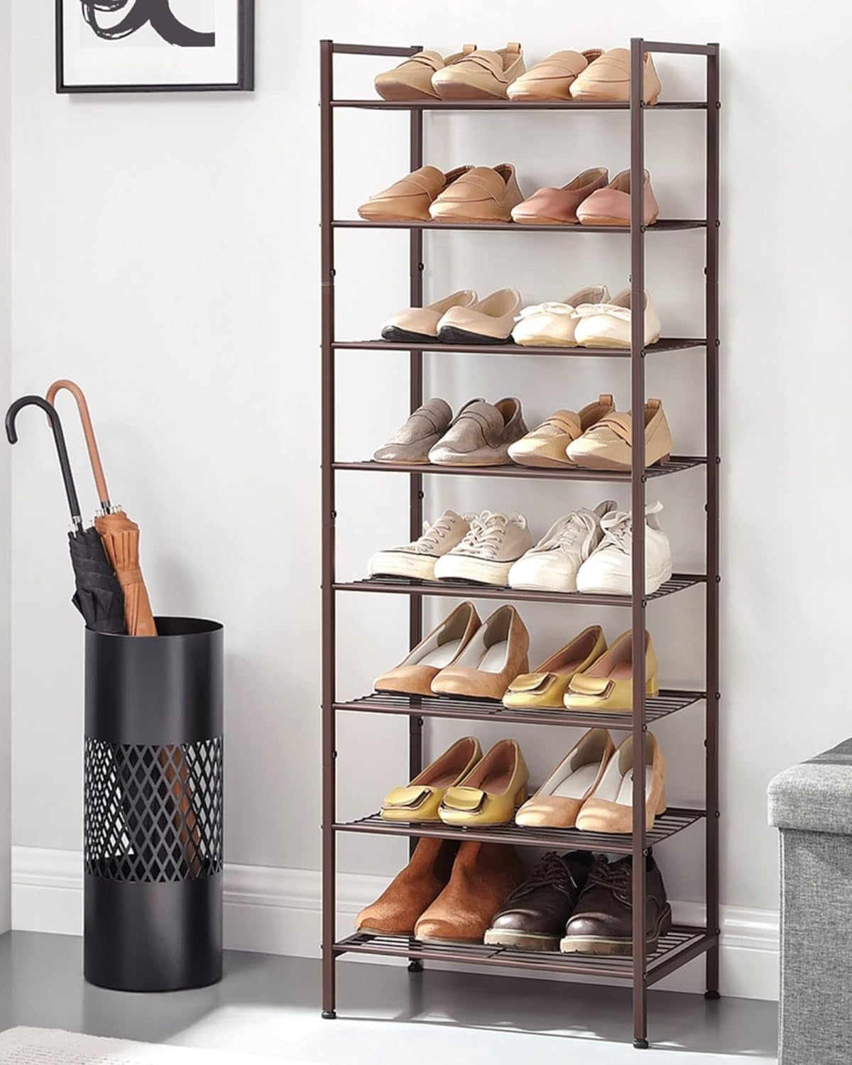Narrow Shoe Rack - Sturdy 8 Tier Metal Tall Shoe Rack Shelf, Slim Shoe Storage Organizer for Closet Entryway Small Spaces, Bronze