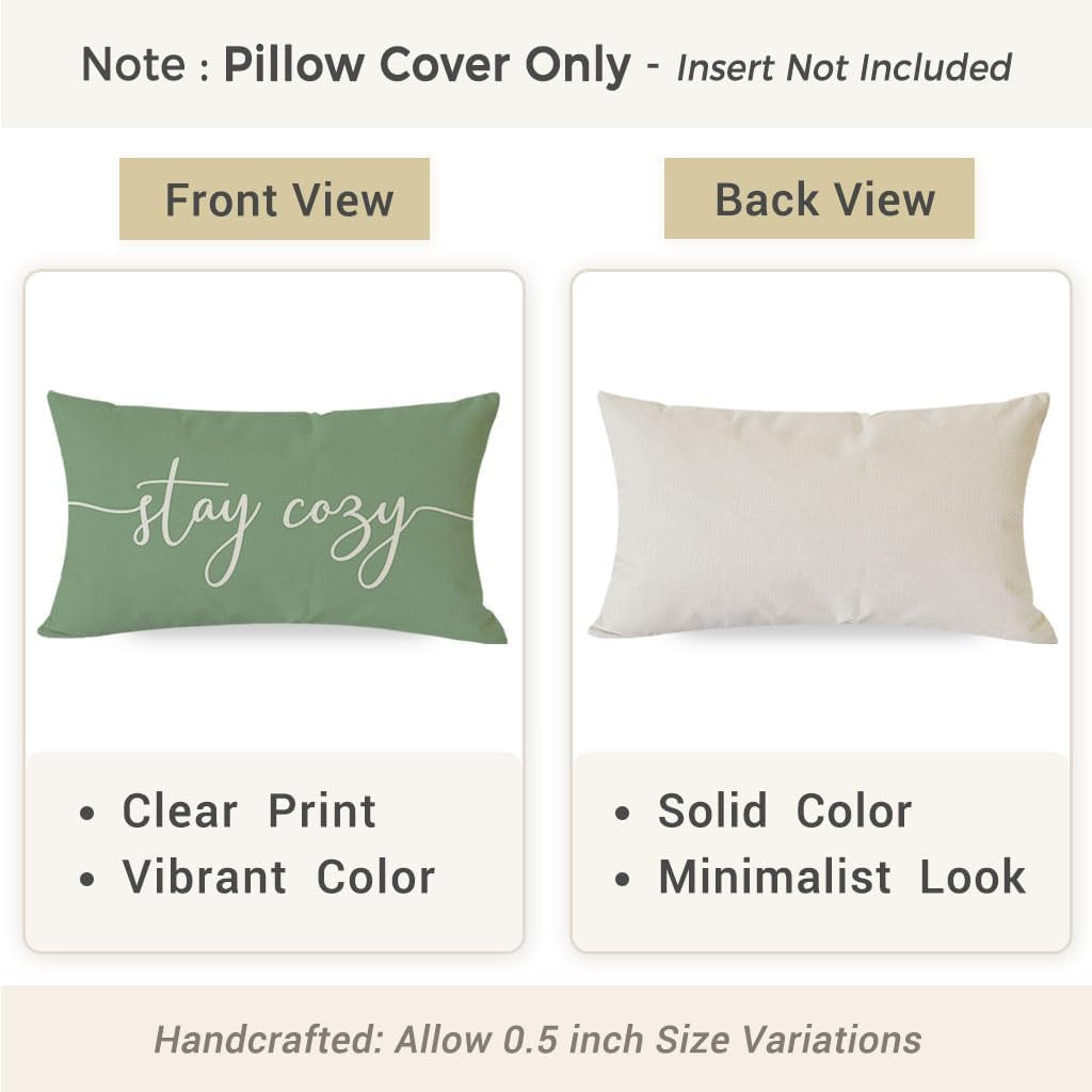 Stay Cozy Sage Green Pillow Cover 12X20 Inch, Lumbar Decorative Cushion Case for Sofa Couch or Bed, Rustic Farmhouse Home Decor for Living Room or Entryway Bench