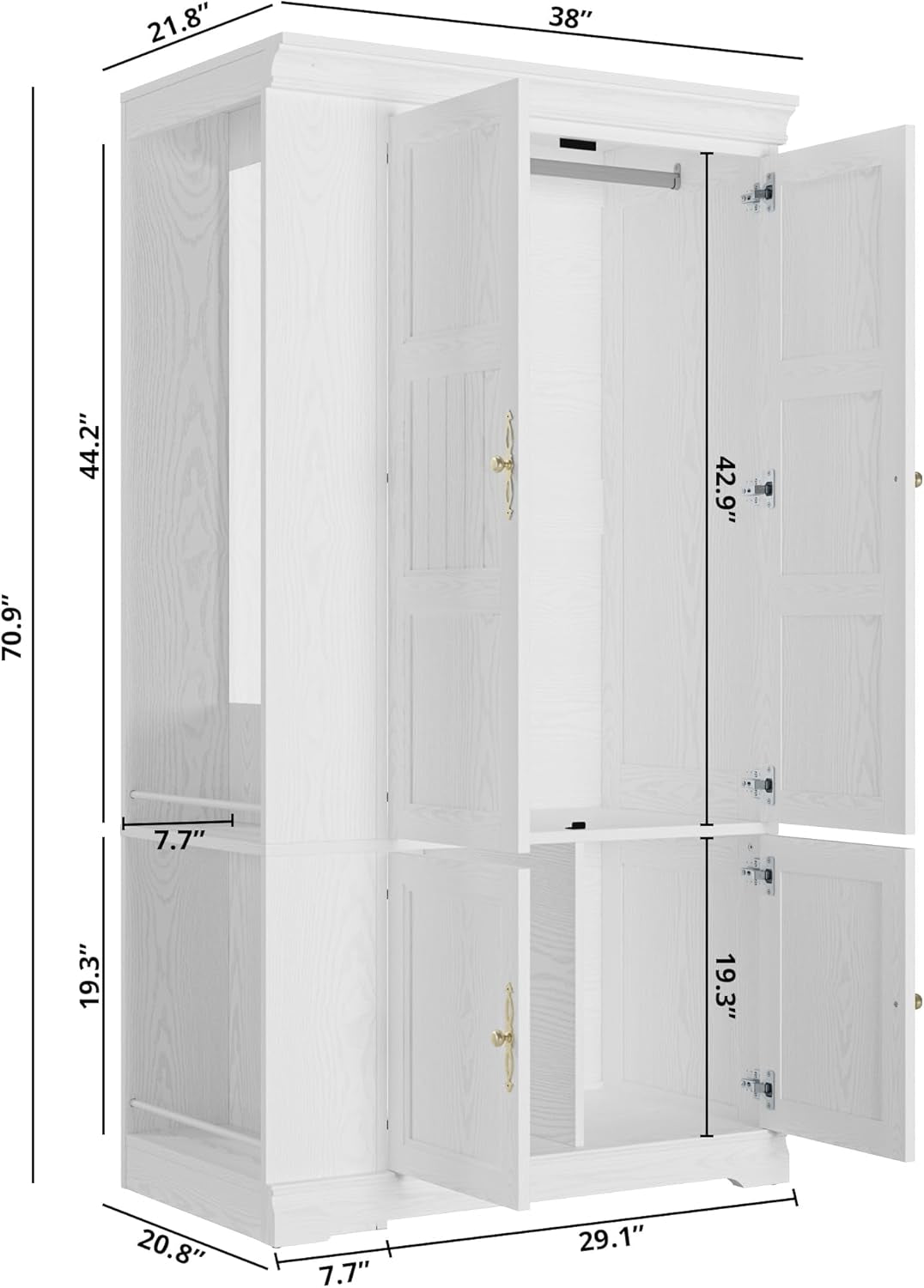 Armoire Wardrobe Closet with Mirror, 70” Wooden Wardrobe Cabinet with 4 Doors, 2 Open Storage Shelves, Freestanding Bedroom Armoire with 3 Hooks & Hanging Rod for Home Room, White