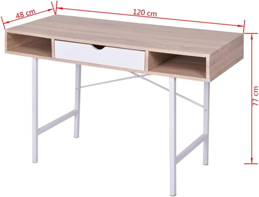 Modern Computer Desk, Oak and White MDF Metal Medium Rectangular Office Desk with Drawer, Wood Work Table for Home Office, 47.2X18.9X30.3 Inch