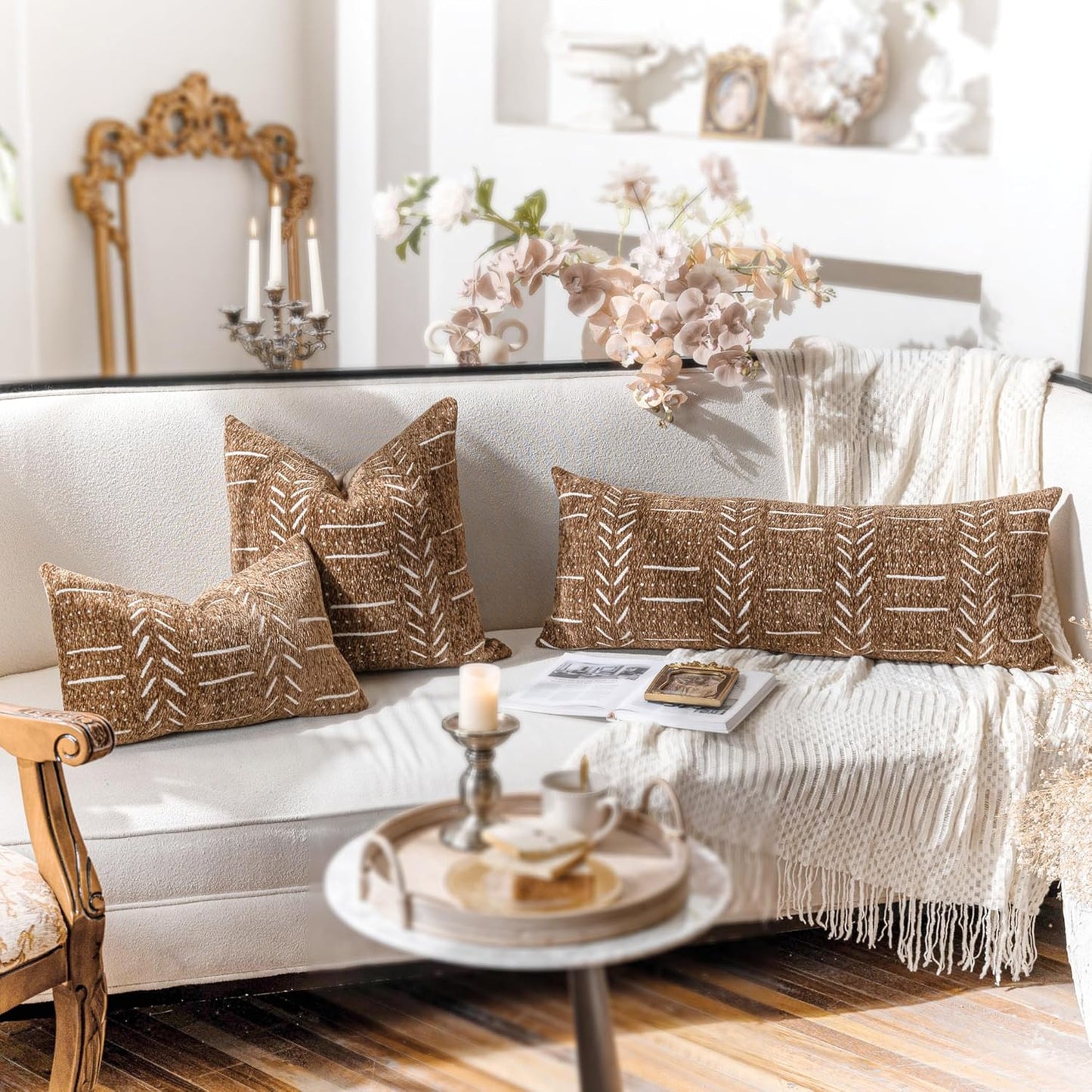 Fall Brown Decorative Lumbar Throw Pillow Covers 12X20, Set of 2, Boho Farmhouse Cushion Cover, Soft Accent Pillowcase for Couch Sofa Bed Living Room Home Décor