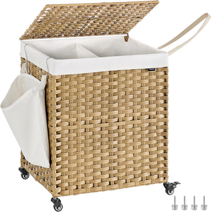Laundry Hamper with Lid, 38.3 Gallons (145 L), Rolling Laundry Basket with Wheels, 2-Section Synthetic Rattan, Removable Liner, Bedroom, 21.7 X 15.7 X 26 Inches, Natural Color ULCB262Y01