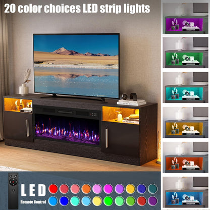 Fireplace with TV Stand 36" Inch Electric Fireplace up to 80" Tvs, LED Light Entertainment Center, 70" Modern Wood High Gloss with Highlight Storage Cabinet for Living Room (Black)