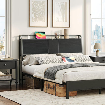 Headboard Queen Size Only, Headboard with 2 Power Strips, Industrial Head Board with Flip Door and Bed Frame Adapter, Height Adjustable, Black