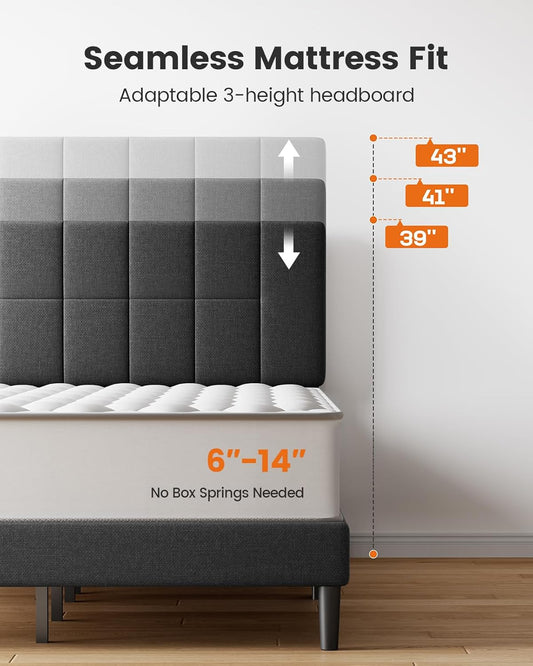 Queen Bed Frame with 12 Thickened Legs&Fabric Upholstered Headboard,1300 Lbs Strong Weight Capacity, Adjustable Headboard, No Box Spring Needed, Easy Assembly, Underbed Storage（Solid Wooden）