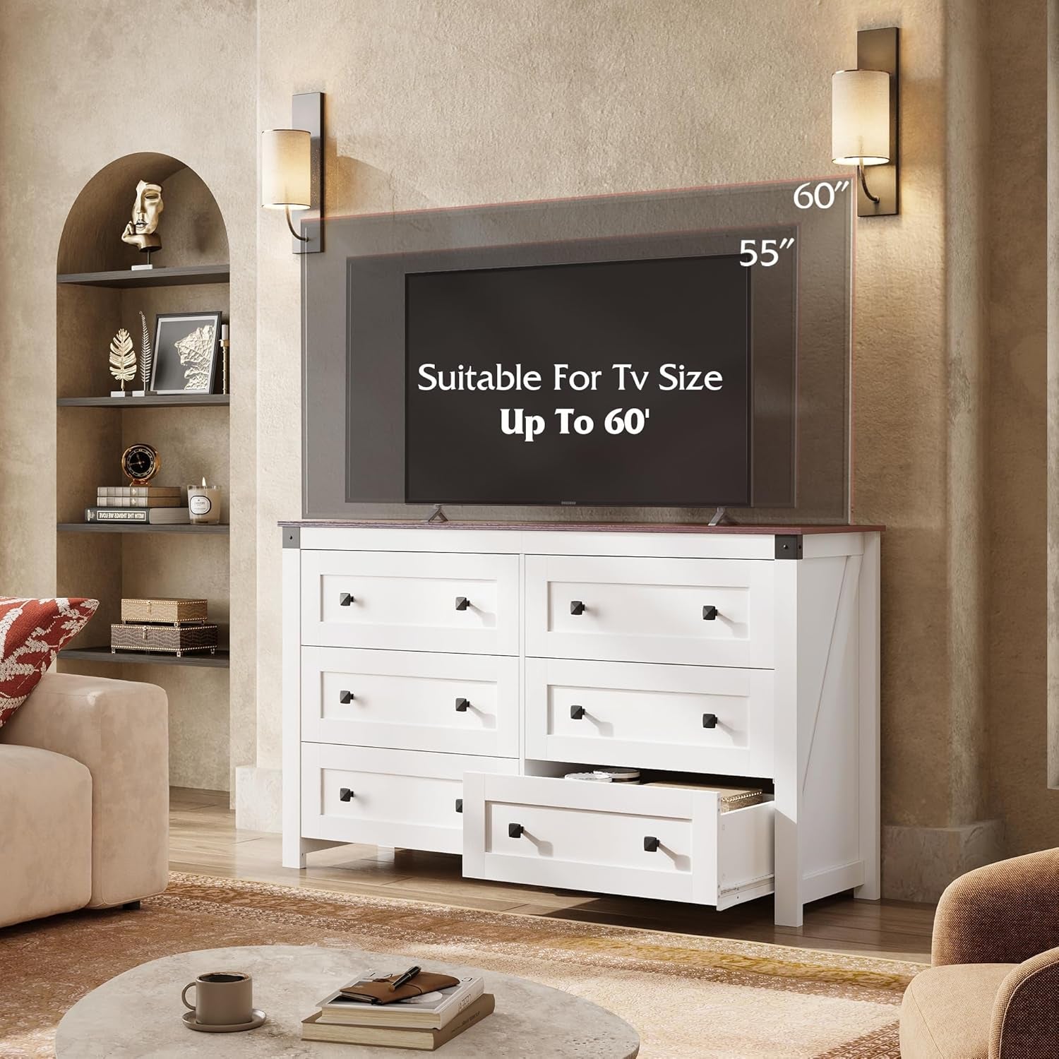 Farmhouse 6 Drawer Dresser for Bedroom, 53.07'' Wide Wood Dresser, White Dressers Storage Organizer with Double Rustic Handle, TV Stand for 60 Inch TV, Chest of Drawers for Living Room, Hallway