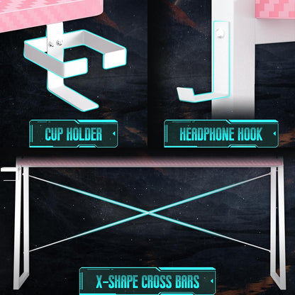 Gaming Desk with Hutch and LED Lights, Gaming Computer Desk with Power Outlets, Gamer Desk with Storage Shelves, PC Game Desk with Pegboards for Bedroom, Carbon Fiber Pink, 49"