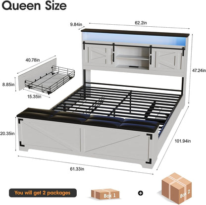 Farmhouse Queen Size Bed Frame with Headboard and Storage Ottoman, Sliding Barn Door & 4 Drawers, LED Lights and Charging Station, No Box Spring Needed, Antique White