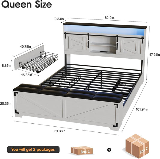 Farmhouse Queen Size Bed Frame with Headboard and Storage Ottoman, Sliding Barn Door & 4 Drawers, LED Lights and Charging Station, No Box Spring Needed, Antique White