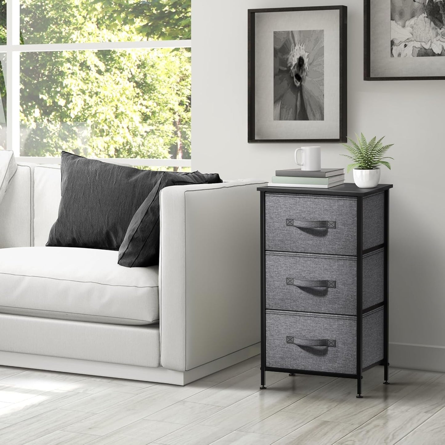 Nightstand with 3 Drawers - Bedside Furniture & Night Stand End Table Dresser with Steel Frame, Wood Top, Easy Pull Fabric Bins for Home, Bedroom Accessories, Office & Dorm
