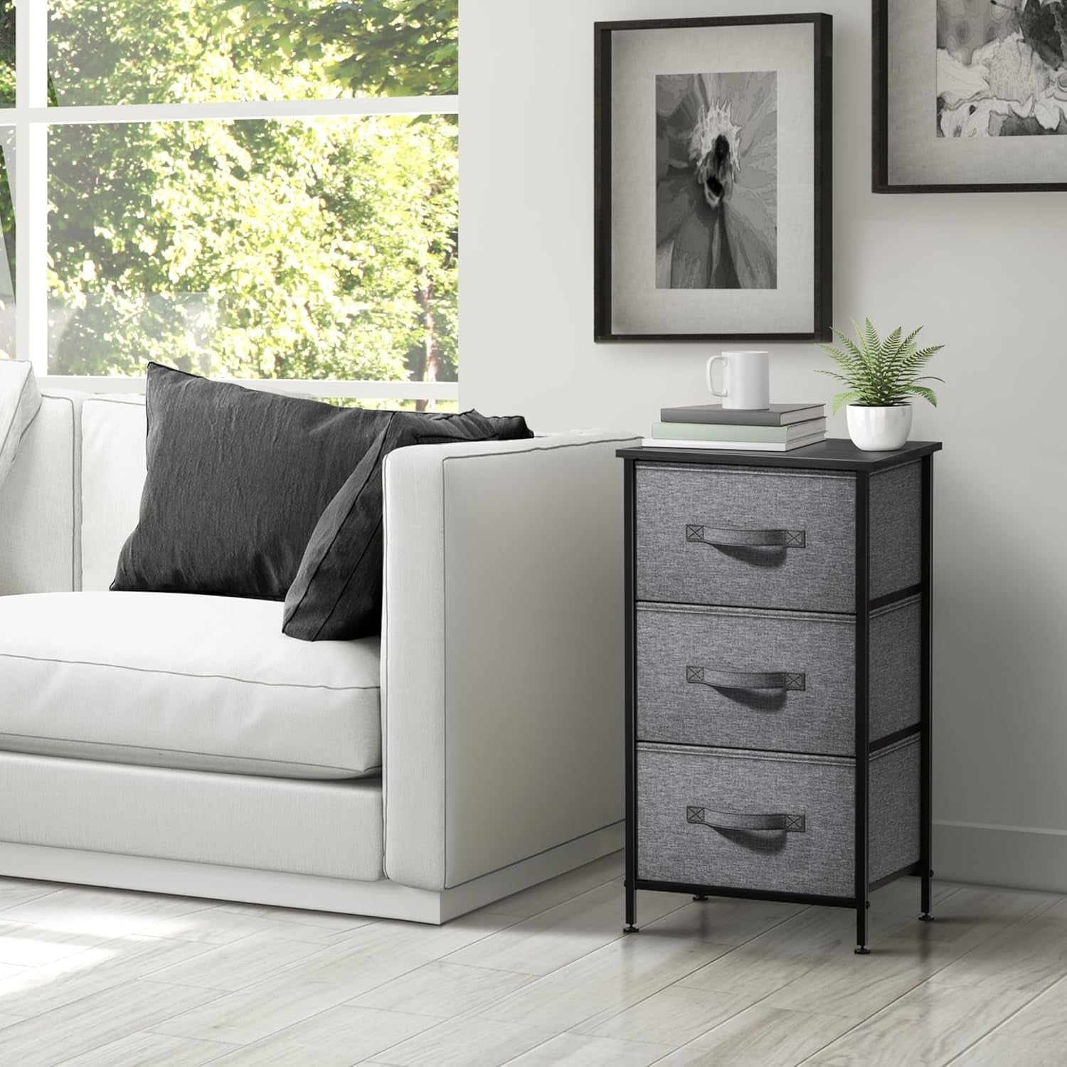 Nightstand with 3 Drawers - Bedside Furniture & Night Stand End Table Dresser with Steel Frame, Wood Top, Easy Pull Fabric Bins for Home, Bedroom Accessories, Office & Dorm