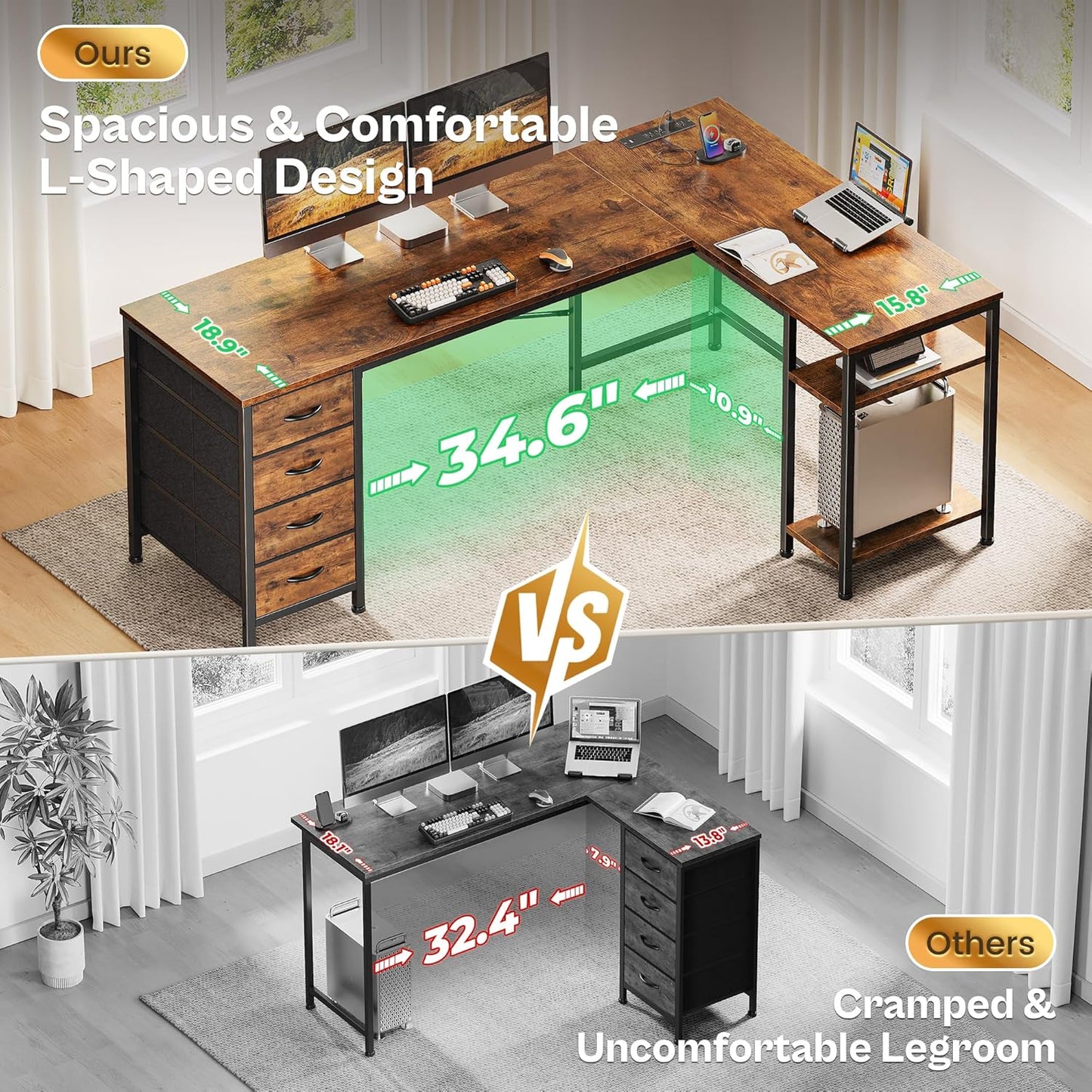 63 Inch L Shaped Desk with Fabric Drawers, Computer Office Desk with Power Outlets and USB-C Port, Corner Desk with Storage Shelves, for Gaming Work Study Home Office, Reversible, Rustic Brown