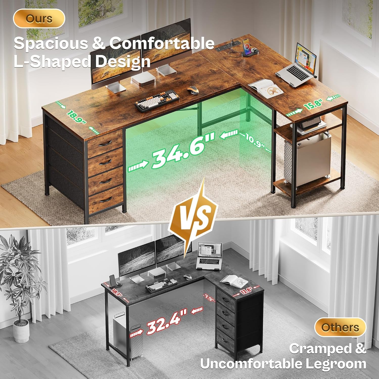 63 Inch L Shaped Desk with Fabric Drawers, Computer Office Desk with Power Outlets and USB-C Port, Corner Desk with Storage Shelves, for Gaming Work Study Home Office, Reversible, Rustic Brown