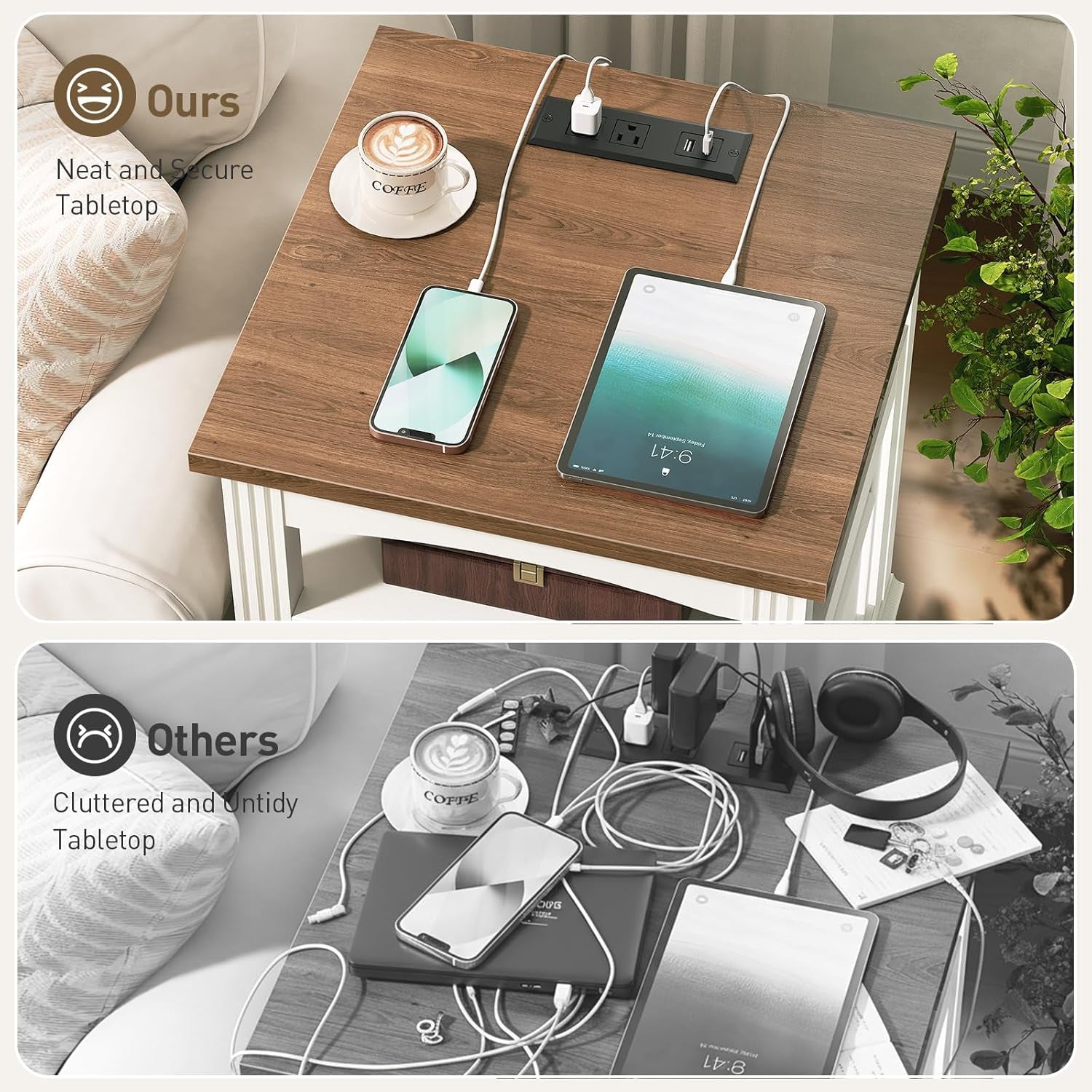 Farmhouse End Table with Charging Station, Large Side Table with Drawers and Open Shelf, Square Rustic Wooden Nightstand for Living Room, White and Walnut