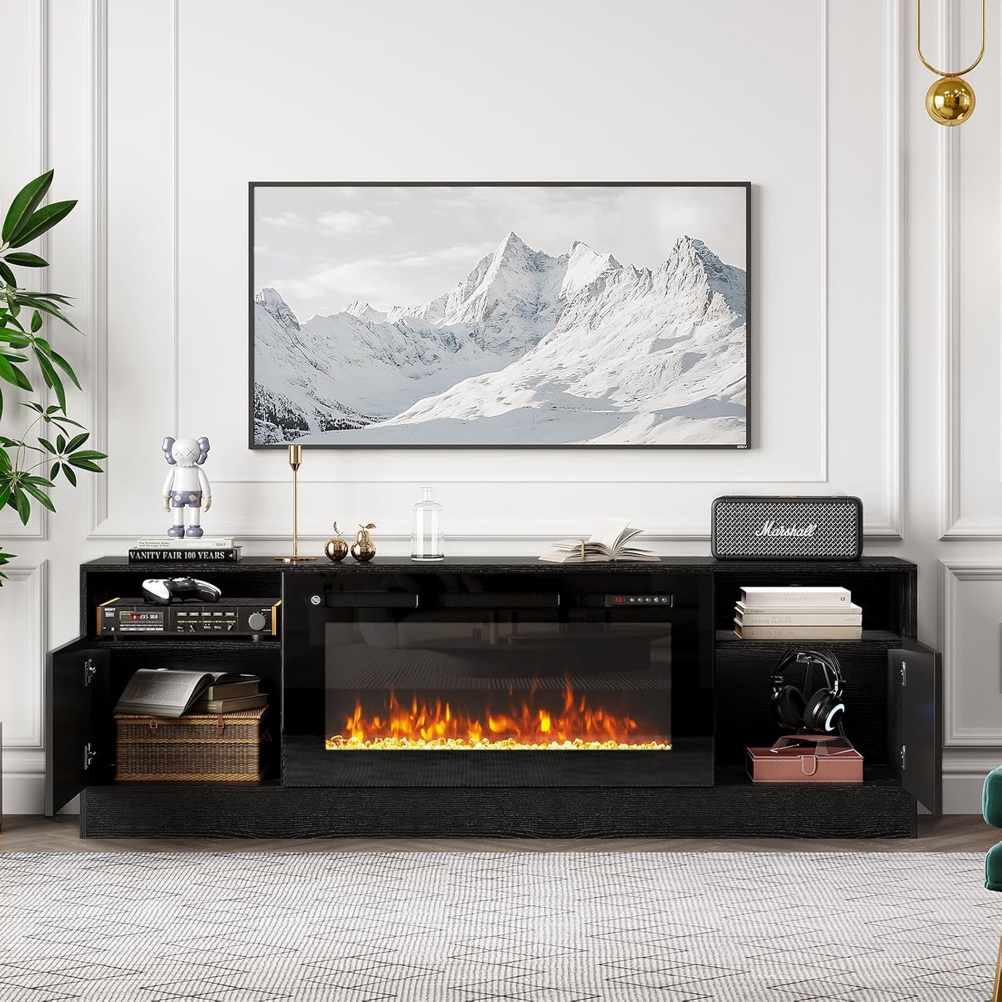 70" Fireplace TV Stand with 36" Electric Fireplace, LED Light Entertainment Center for Tvs up to 80", High-Gloss Door, Modern TV Console for Living Room with Storage Cabinet, Black+Black