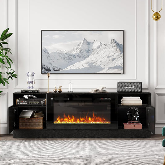 70" Fireplace TV Stand with 36" Electric Fireplace, LED Light Entertainment Center for Tvs up to 80", High-Gloss Door, Modern TV Console for Living Room with Storage Cabinet, Black+Black