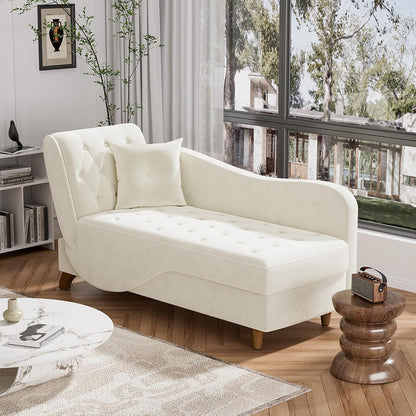 Chaise Lounge Chair Indoor with Storage, Adjustable Backrest Recling Reading Chair Sleeper Sofa Bed with Pillow, 3 in 1 Velvet Futon Lounge Chair for Living Room Bedroom, Beige White