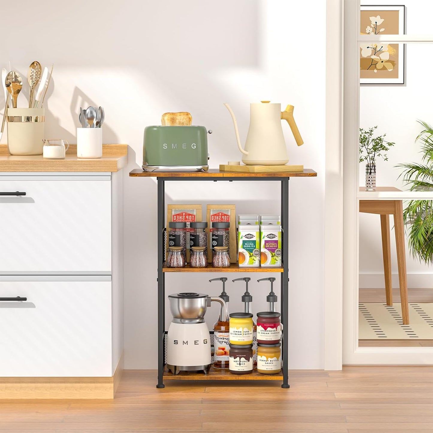 Mini Floor Standing Coffee Bar Shelf,3-Tier Small Coffee Table,Corner Farmhouse Coffee Bar Cabinet;Dining Room, Living Room-Capsules,Coffee Maker(Brown+Black)