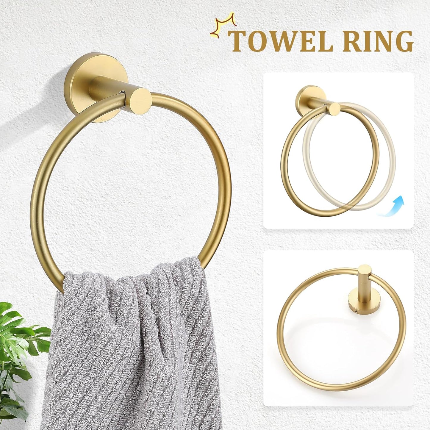 Brushed Gold 5 Piece Bathroom Hardware Set, SUS304 Stainless Steel 24 Inch Bath Towel Bar Set, round Bathroom Accessories Kit Wall Mounted